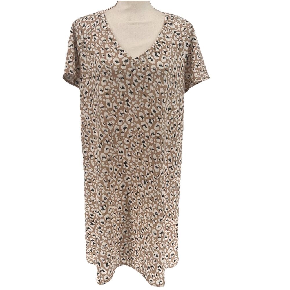 Nine West Animal Print T Shirt Midi Dress Womens XL Short Sleeve Casual V Neck